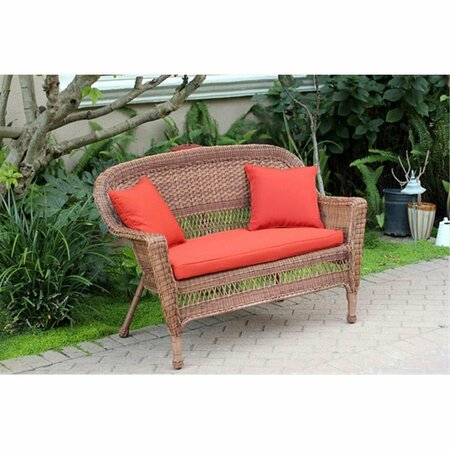 JECO Honey Wicker Patio Love Seat With Red Orange Cushion And Pillows W00205-L-FS018-CL
